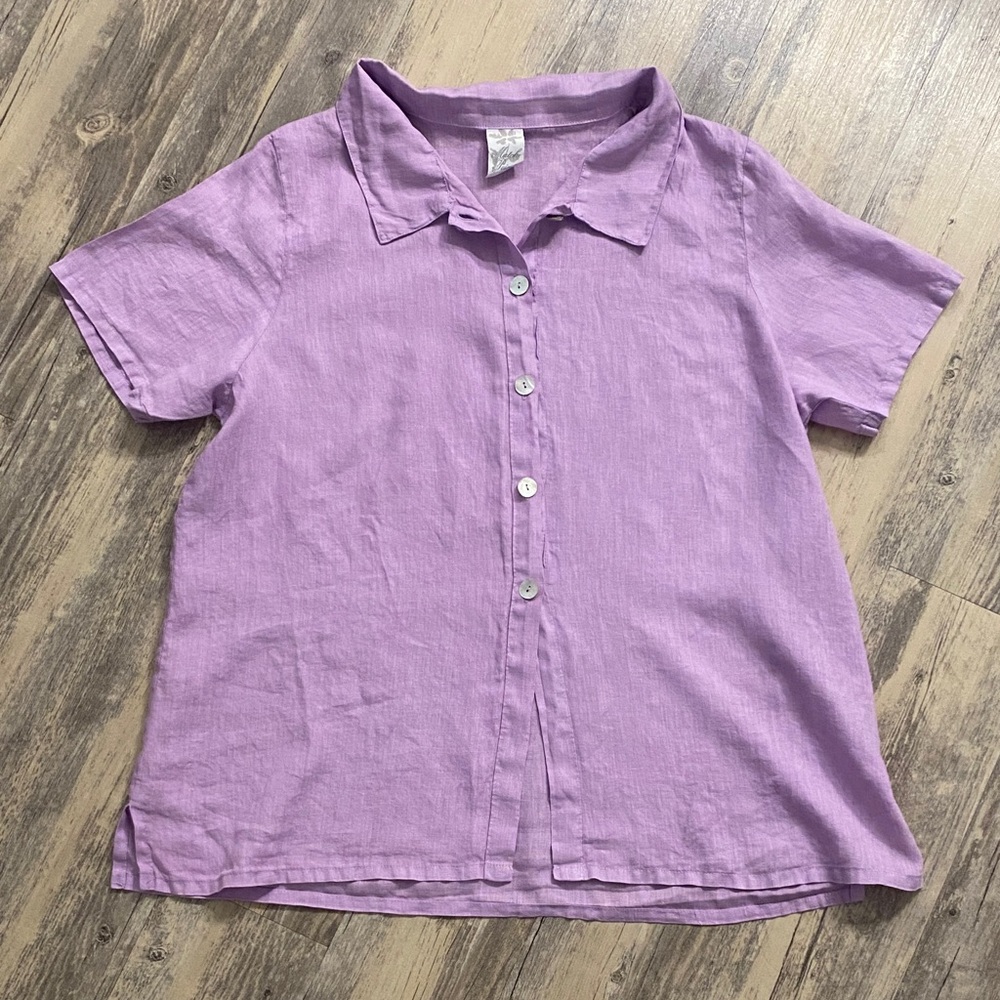 Match Point Linen Mother of Pearl Button S/S Lagenlook Blouse Shirt Lilac LARGE